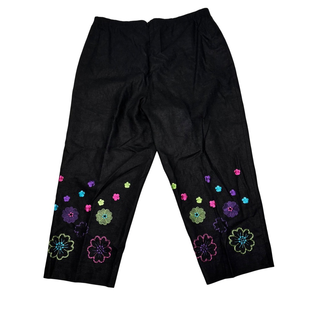 Black Linen Blend Embroidered Floral Capri Pants Boho Y2K Artsy Women's Size 10 - Picture 2 of 8